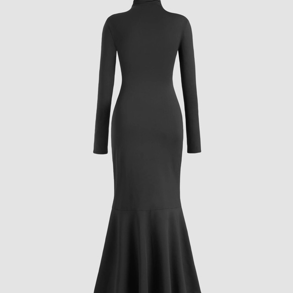 STAND COLLAR SOLID DRAWSTRING MERMAID MAXI DRESS - Picture 3 of 4